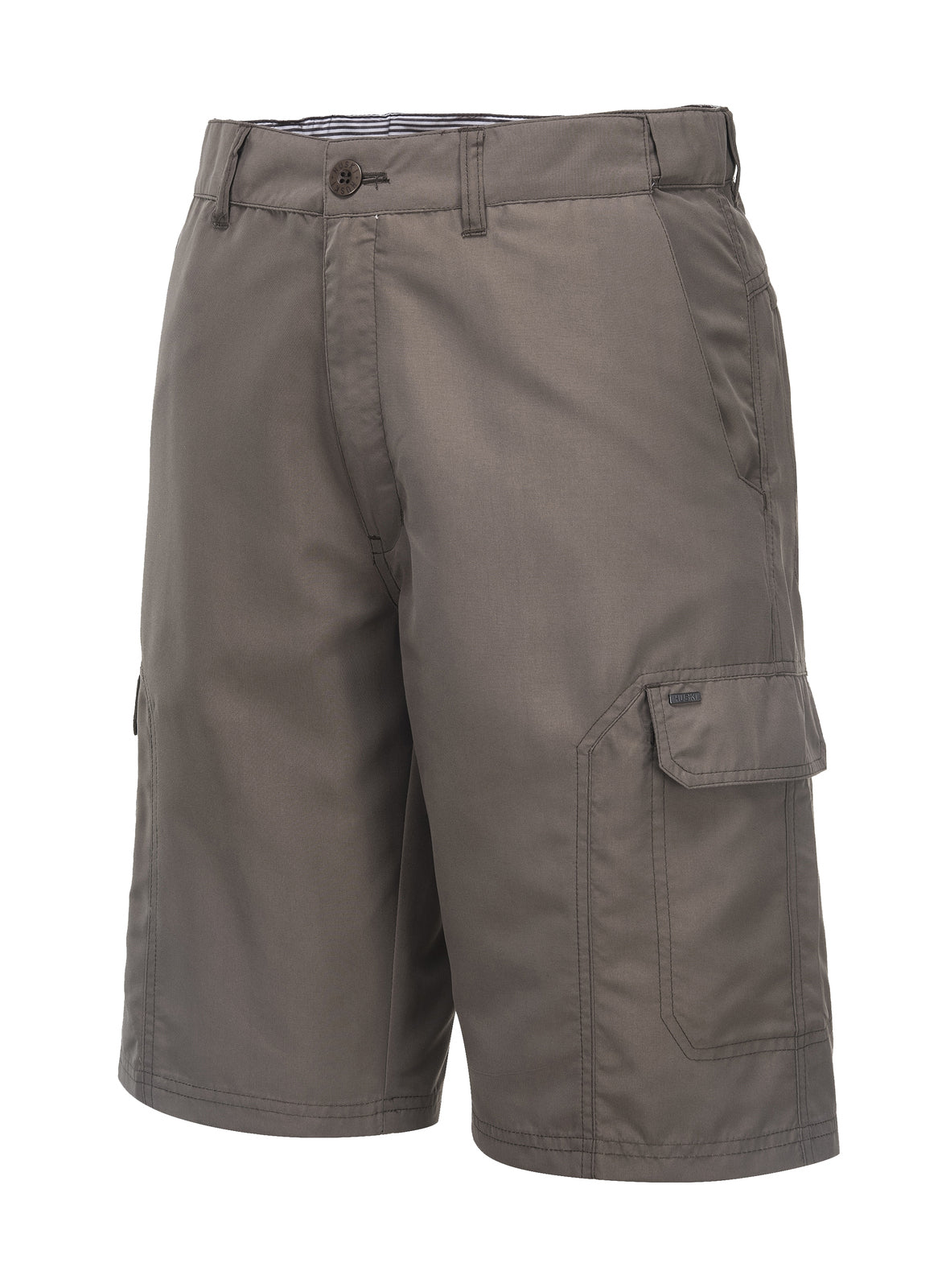 A pair of HUSKI Cargo Shorts Mens Cascade Microfibre Flexi Fit Short Army Military 515206 - Clay - 3XL (107cm Waist) with quick-dry polyester microfibre, featuring a button and zipper closure, belt loops, deep front pockets, multiple pockets including a buttoned flap pocket on the right thigh. The durable fabric is perfect for outdoor activities.