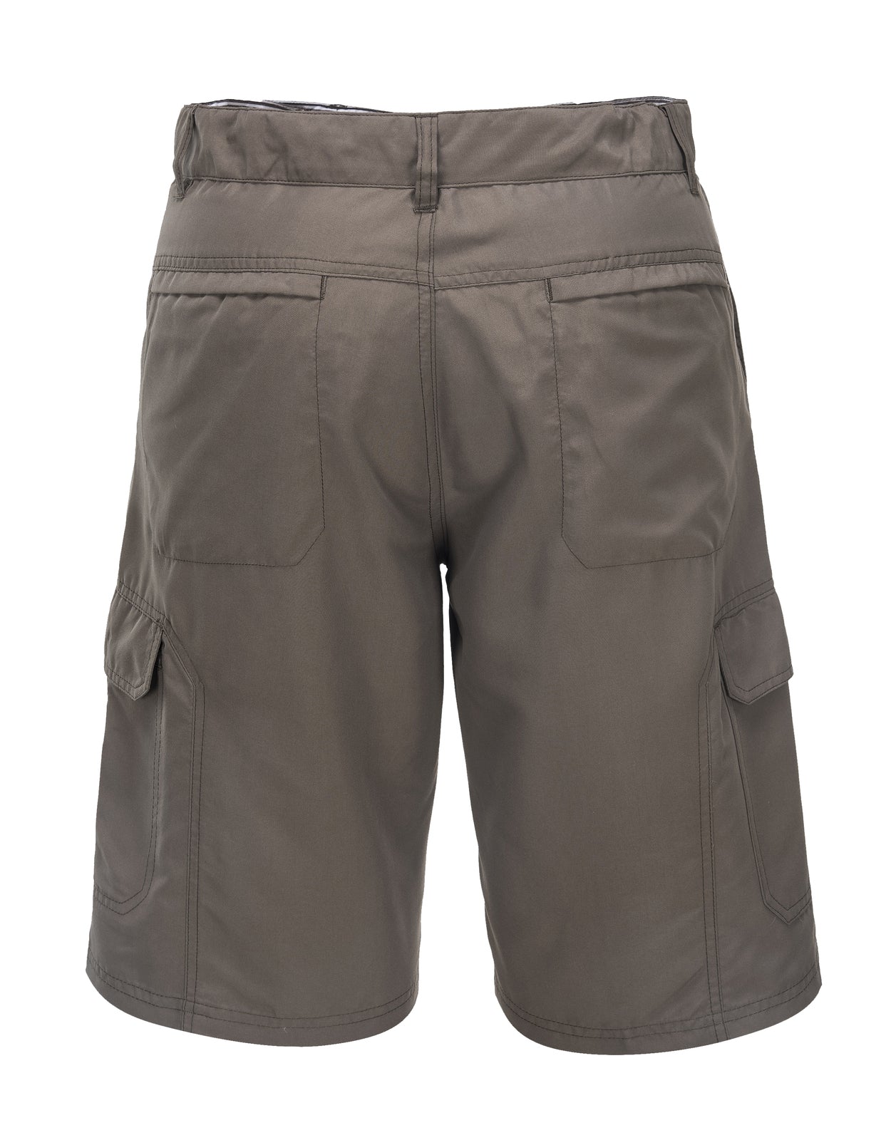 A pair of HUSKI Cargo Shorts Mens Cascade Microfibre Flexi Fit Short Army Military 515206 - Clay - 3XL (107cm Waist) with quick-dry polyester microfibre, featuring a button and zipper closure, belt loops, deep front pockets, multiple pockets including a buttoned flap pocket on the right thigh. The durable fabric is perfect for outdoor activities.