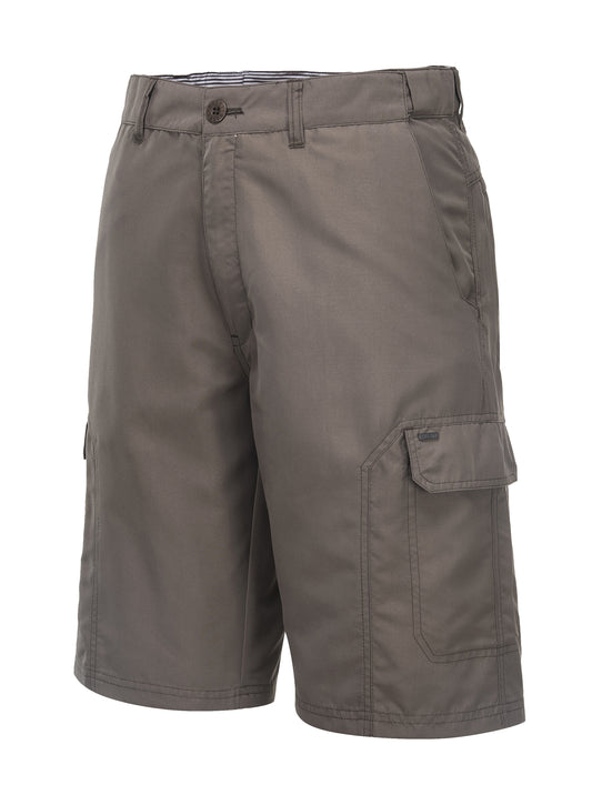 A pair of HUSKI Cargo Shorts Mens Cascade Microfibre Flexi Fit Short Army Military 515206 - Clay - 4XL (112cm Waist) with a button and zipper closure, side pockets, and a cargo pocket on the right leg. The durable polyester microfibre fabric is perfect for outdoor activities. Features a flexi fit waistband for added comfort. Displayed against a plain white background.