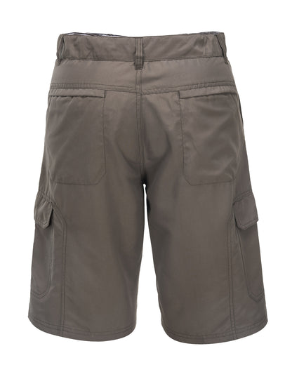 A pair of HUSKI Cargo Shorts Mens Cascade Microfibre Flexi Fit Short Army Military 515206 - Clay - 4XL (112cm Waist) with a button and zipper closure, side pockets, and a cargo pocket on the right leg. The durable polyester microfibre fabric is perfect for outdoor activities. Features a flexi fit waistband for added comfort. Displayed against a plain white background.