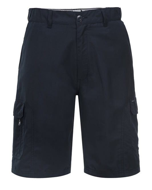 A pair of HUSKI Cargo Shorts Mens Cascade Microfibre Flexi Fit Short Army Military 515206 - Navy - 3XL (107cm Waist) with a button and zipper closure, made from quick-dry polyester microfibre. The shorts have several pockets, including two large cargo pockets with flaps and smaller zippered pockets on the left side. They feature a casual design suitable for outdoor or casual wear.