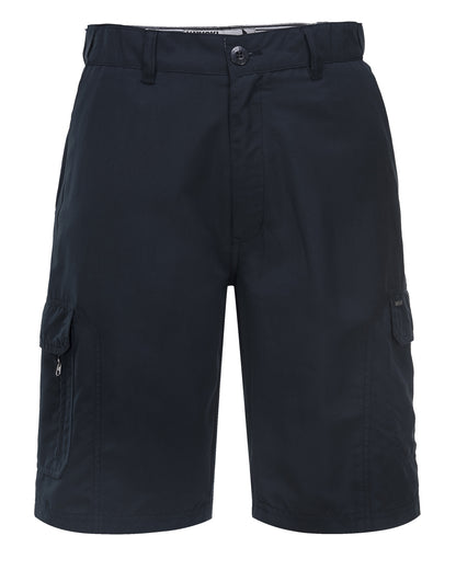 A pair of HUSKI Cargo Shorts Mens Cascade Microfibre Flexi Fit Short Army Military 515206 - Navy - 3XL (107cm Waist) with a button and zipper closure, made from quick-dry polyester microfibre. The shorts have several pockets, including two large cargo pockets with flaps and smaller zippered pockets on the left side. They feature a casual design suitable for outdoor or casual wear.