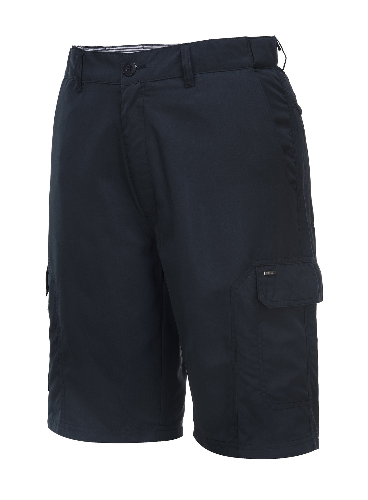 A pair of HUSKI Cargo Shorts Mens Cascade Microfibre Flexi Fit Short Army Military 515206 - Navy - 3XL (107cm Waist) with a button and zipper closure, made from quick-dry polyester microfibre. The shorts have several pockets, including two large cargo pockets with flaps and smaller zippered pockets on the left side. They feature a casual design suitable for outdoor or casual wear.