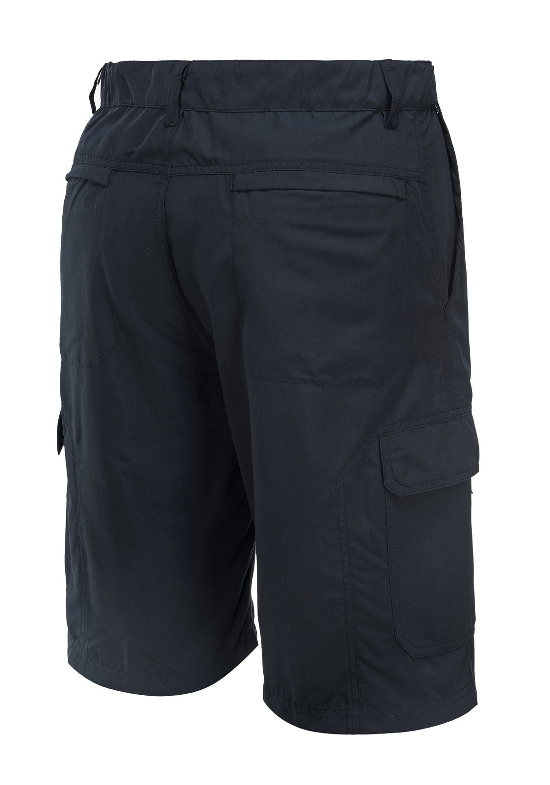 A pair of HUSKI Cargo Shorts Mens Cascade Microfibre Flexi Fit Short Army Military 515206 - Navy - 3XL (107cm Waist) with a button and zipper closure, made from quick-dry polyester microfibre. The shorts have several pockets, including two large cargo pockets with flaps and smaller zippered pockets on the left side. They feature a casual design suitable for outdoor or casual wear.