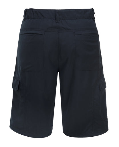 A pair of HUSKI Cargo Shorts Mens Cascade Microfibre Flexi Fit Short Army Military 515206 - Navy - 3XL (107cm Waist) with a button and zipper closure, made from quick-dry polyester microfibre. The shorts have several pockets, including two large cargo pockets with flaps and smaller zippered pockets on the left side. They feature a casual design suitable for outdoor or casual wear.