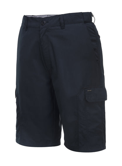 A pair of HUSKI Cargo Shorts Mens Cascade Microfibre Flexi Fit Short Army Military 515206 - Navy - 5XL (117cm Waist) with multiple pockets, including two large side pockets with flaps and zippers, and a button and zipper closure at the waist. Made from durable polyester microfibre, these shorts appear unworn.