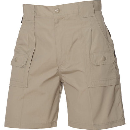 A pair of HUSKI Mens Cargo Shorts Work Casual Workwear - Bone - 2XL (102cm Waist) featuring multifunctional pockets, including two large button-flap pockets on the thighs. The fixed waist shorts have belt loops, a button closure, and a zipper fly. The fabric appears to be lightweight and UV resistant, making them suitable for casual or outdoor wear.