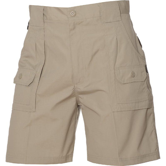 A pair of HUSKI Mens Cargo Shorts Work Casual Workwear - Bone - 3XL (107cm Waist) featuring front button closures, UV resistant fabric, and multifunctional pockets with button flaps on the sides. The waistband includes belt loops for added convenience, all displayed against a plain white background.