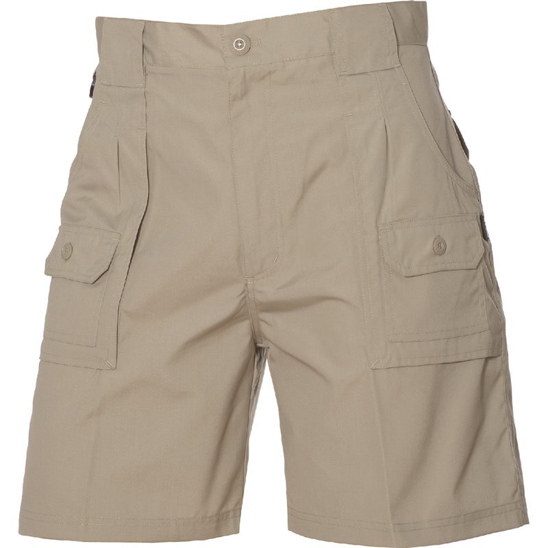 A pair of HUSKI Mens Cargo Shorts Work Casual Workwear - Bone - 4XL (112cm Waist) with six multifunctional pockets: two at the front, two at the back, and two on the sides with buttoned flaps. The mid-length shorts have belt loops, a button and zip closure, and are made from a lightweight fabric.