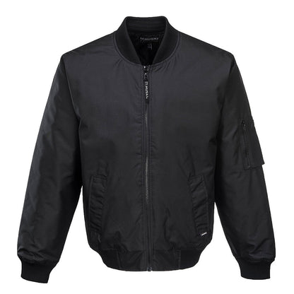 A HUSKI Mens Quilted Combat Bomber Waterproof Jacket Windproof Workwear Coat - Black - 3XL displayed on a white background. It features a front zipper, ribbed cuffs and hem, side pockets with flaps, and an additional zip pocket on the left sleeve. The polyester outer shell ensures durability, while the interior lining remains black for a sleek look.