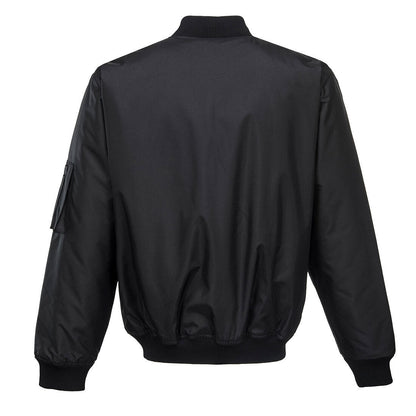 A HUSKI Mens Quilted Combat Bomber Waterproof Jacket Windproof Workwear Coat - Black - 4XL with a front zipper, ribbed collar, cuffs, and hem. It features two side pockets with snap closures and a zippered pocket on the left sleeve. The material appears to be shiny and breathable, and the jacket is displayed against a plain white background.