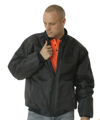 A HUSKI Mens Quilted Combat Bomber Waterproof Jacket Windproof Workwear Coat - Black - 4XL with a front zipper, ribbed collar, cuffs, and hem. It features two side pockets with snap closures and a zippered pocket on the left sleeve. The material appears to be shiny and breathable, and the jacket is displayed against a plain white background.