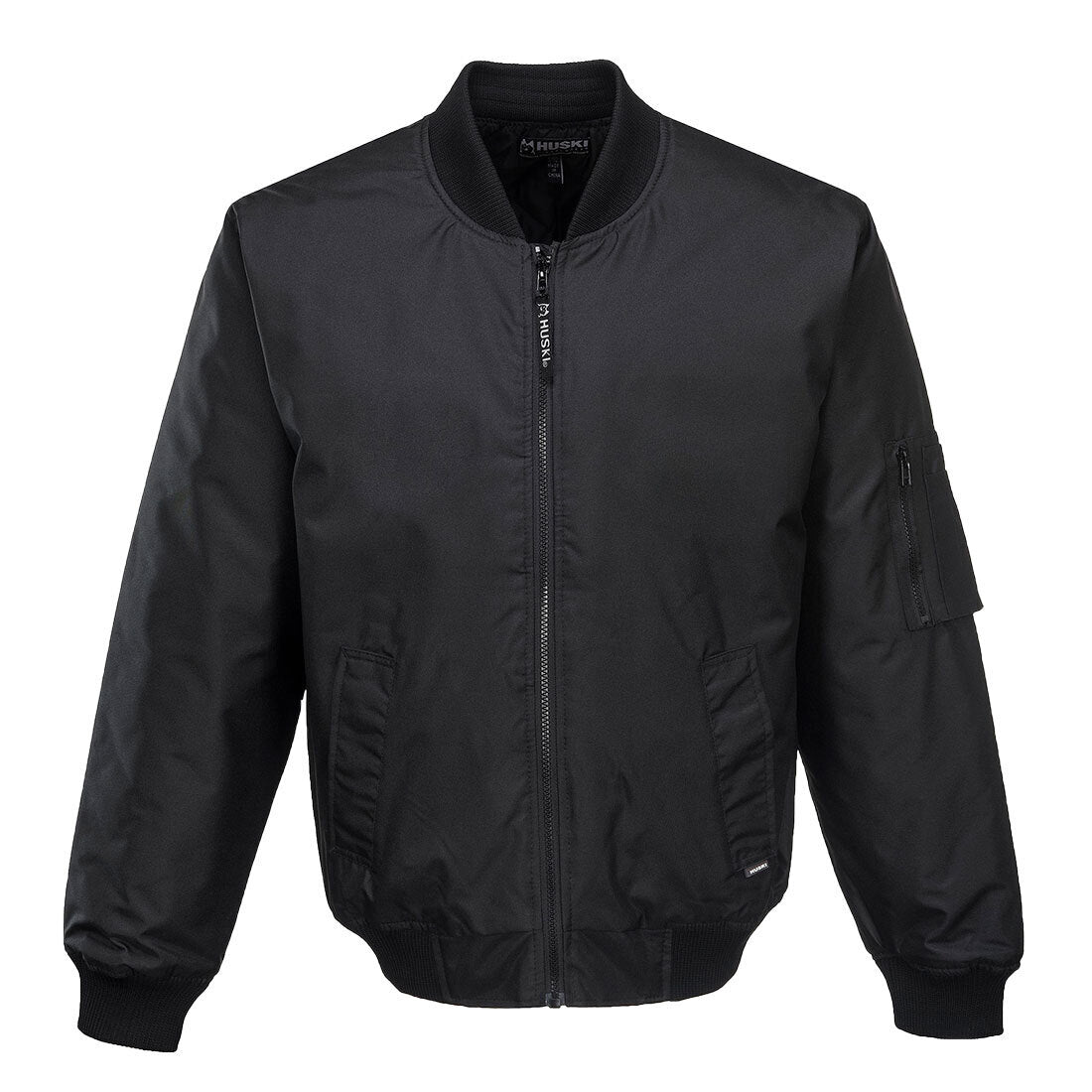 A HUSKI Mens Quilted Combat Bomber Waterproof Jacket Windproof Workwear Coat - Black - M with a front zipper, ribbed cuffs, collar, and waistband. It has side pockets and an additional zip pocket on the left sleeve. The jacket features a simple and sleek design, suitable for casual wear.