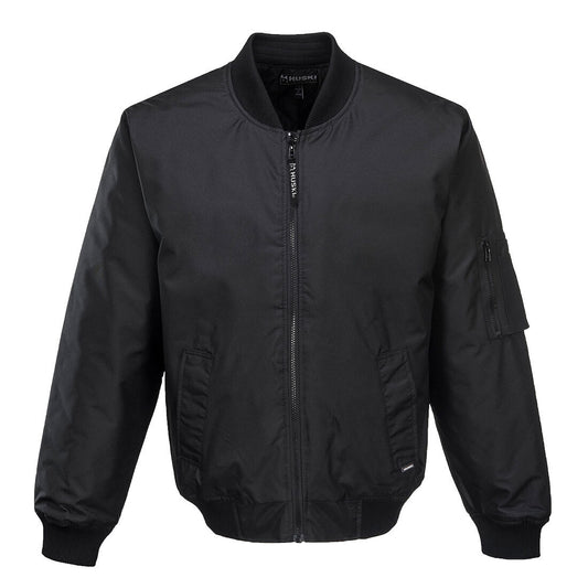 A HUSKI Mens Quilted Combat Bomber Waterproof Jacket Windproof Workwear Coat - Black - XXL with a front zipper, ribbed cuffs, collar, and hem. It has two front pockets and a zippered pocket on the left sleeve. The jacket features a sleek, minimalist design while offering excellent protection against the elements.