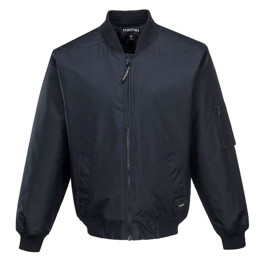 A black, waterproof bomber jacket with ribbed cuffs, collar, and waistband is displayed on a white background. The **HUSKI Mens Quilted Combat Bomber Waterproof Jacket Windproof Workwear Coat - Navy - 4XL** features a front zipper, zippered sleeve pocket, and two front pockets with buttoned flaps. The brand "Milford" is visible on the inner label.