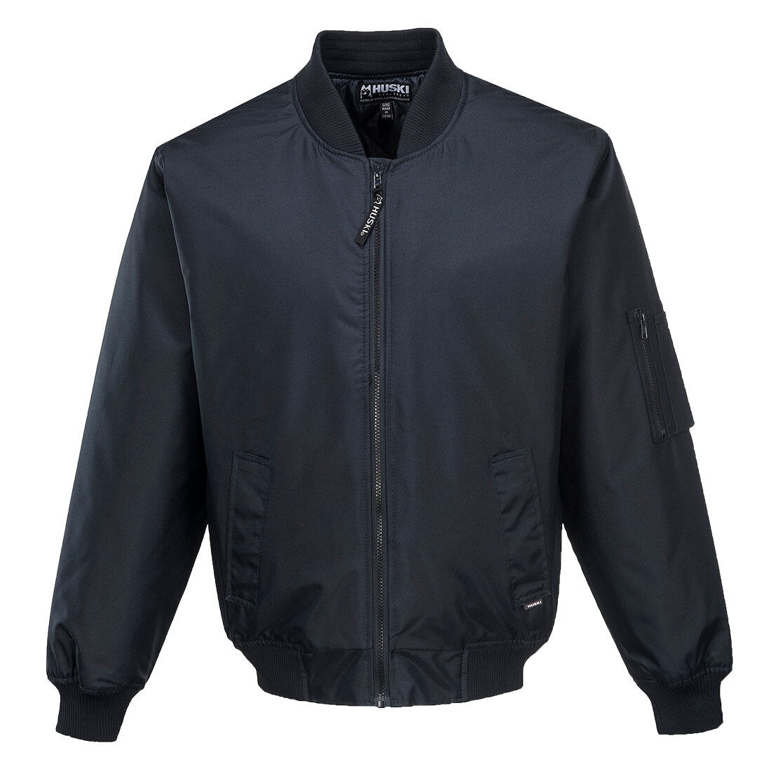 This image shows a HUSKI Mens Quilted Combat Bomber Waterproof Jacket Windproof Workwear Coat - Navy - XXL with a front zipper, ribbed cuffs and waistband, and a zippered utility pocket on the left sleeve. The breathable jacket has two side pockets and a collar that matches the cuffs and waistband. The brand name "HUSKI" is visible on the inside.