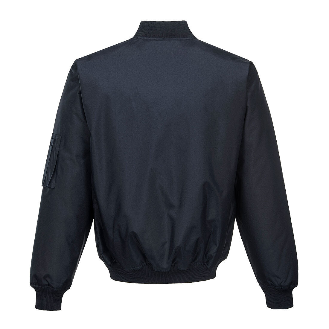 This image shows a HUSKI Mens Quilted Combat Bomber Waterproof Jacket Windproof Workwear Coat - Navy - XXL with a front zipper, ribbed cuffs and waistband, and a zippered utility pocket on the left sleeve. The breathable jacket has two side pockets and a collar that matches the cuffs and waistband. The brand name "HUSKI" is visible on the inside.