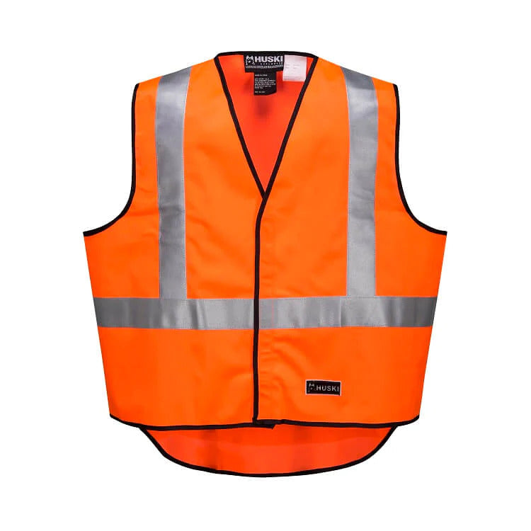 A brightly colored HUSKI Hi Vis Patrol Vest 3M Reflective Tape Safety Workwear High Visibility - Orange - 3XL with silver 3M reflective tape running vertically and horizontally. The vest has a black trim and features a black label with the brand name "Huski" at the bottom.