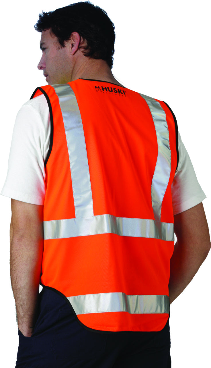 Bright orange HUSKI Hi Vis Patrol Vest 3M Reflective Tape Safety Workwear High Visibility - Orange - L with 3M reflective tape across the waist and shoulders. The vest is sleeveless, features a black-trimmed edge, and proudly displays the "Huski" brand logo on the front. High VIS Day/Night compliant for optimal safety in various lighting conditions.