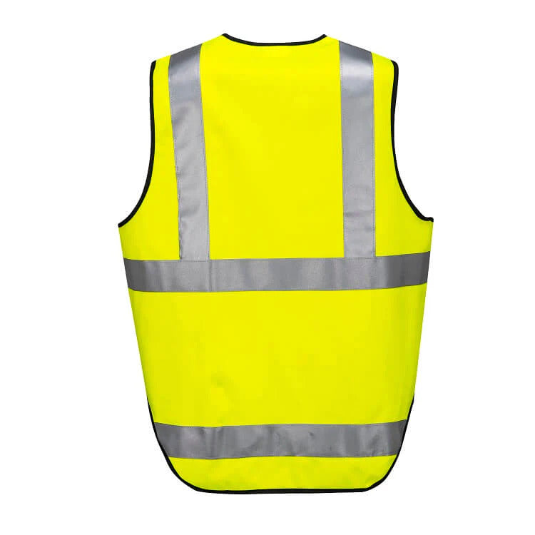 A man wearing a bright yellow HUSKI Hi Vis Patrol Vest 3M Reflective Tape Safety Workwear High Visibility - Yellow - L over an orange shirt, posing with his hands in his pockets. The vest has silver 3M reflective tape and a black border, and there is a small label that reads "Huski" at the bottom.