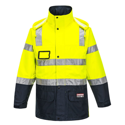 A HUSKI Transit Hi Vis Waterproof Jacket Industrial Workwear Reflective UPF 50+ - Yellow - 3XL (117cm) with a bright yellow upper section and a dark blue lower section. Featuring reflective tape on the sleeves, chest, and waist, it also boasts two large front pockets and a clear ID holder on the left chest. This waterproof jacket ensures safety in all conditions.