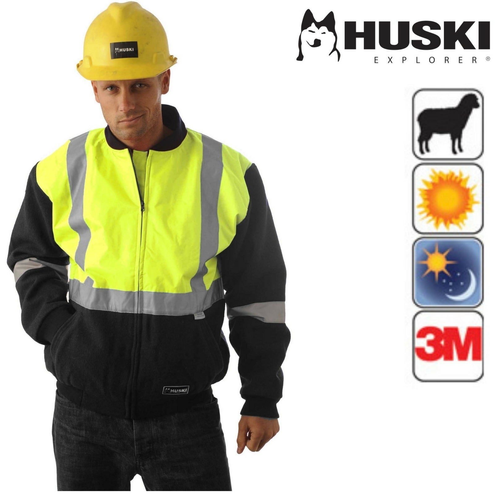 A person wearing a yellow hard hat and a high-visibility jacket with 3M reflective tape stands facing forward. The HUSKI Site Mens Hi Vis Wool Blend Bomber Jacket 3M Reflective Tape High Visibility - Yellow/Navy - 5XL with its yellow and black design also features reflective stripes. Hands in the jacket pockets, the individual looks directly at the camera.