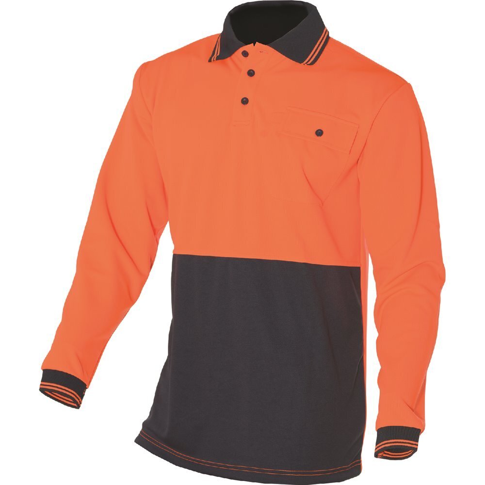 A HUSKI Hi Vis Polo Shirt Long Sleeve Safety High Visibility Workwear Driver PPE - Orange - 3XL is displayed. The upper portion, including the collar and sleeves, is bright orange, while the lower half is dark navy. Made from Micromesh fabric for Quick Dry comfort, it features Hi-Vis detailing on the collar and cuffs, along with a chest pocket with a button.