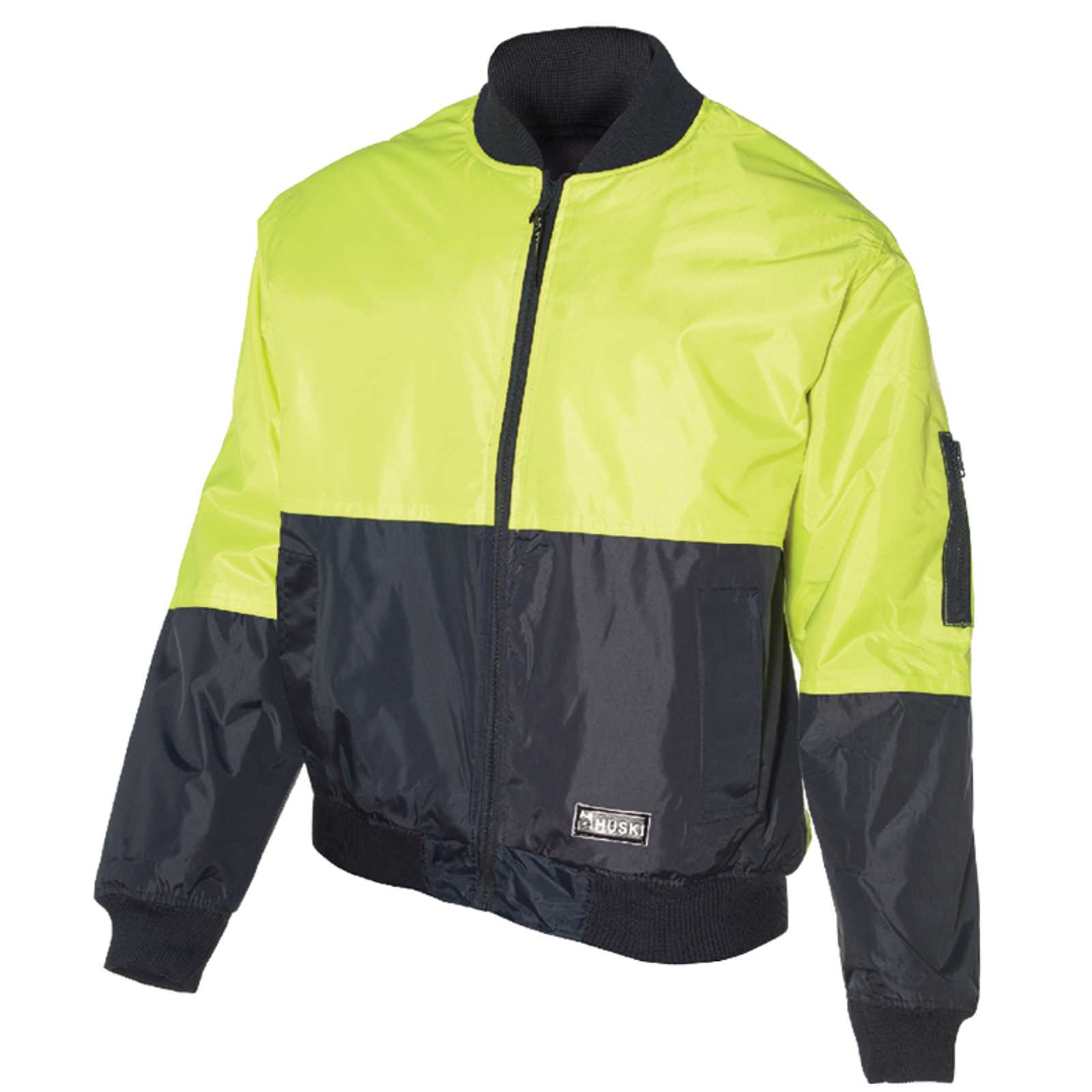 A HUSKI 3M Flyer Fully Waterproof Bomber Jacket Hi Vis Work Quilted Lining - Yellow - 6XL (132) with a neon yellow upper section and a dark blue lower section. The waterproof bomber jacket features a front zipper, ribbed cuffs and hem, and a small zippered pocket on the left sleeve. The Huski brand logo is displayed on the front lower section.