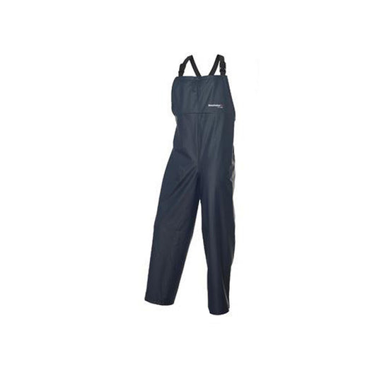 A pair of HUSKI OVERALLS Farmers Bib N Brace Waterproof Stretch Windproof Work - Navy - 3XL is shown. The overalls are full-length, designed to provide protection from wet conditions, and appear to be made of durable, wind-resistant fabric.