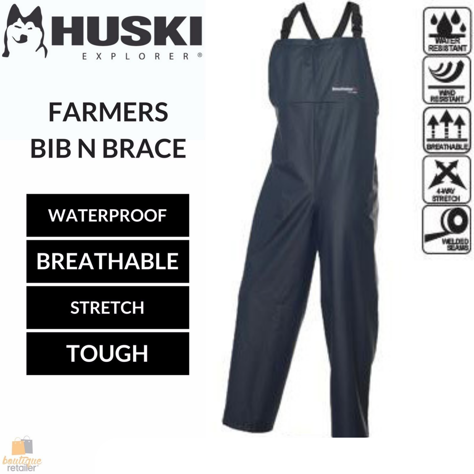 The image shows a pair of HUSKI OVERALLS Farmers Bib N Brace Waterproof Stretch Windproof Work - Navy - 4XL with adjustable black shoulder straps. Made from breathable fabric, these overalls are simple in design with no visible pockets or patterns, and they are intended for protective use, making them ideal for fishing, rainy days, or other wet conditions.