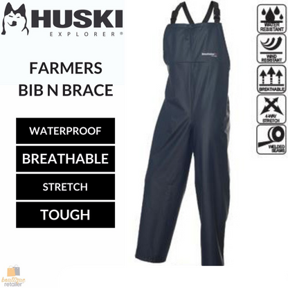 The image shows a pair of HUSKI OVERALLS Farmers Bib N Brace Waterproof Stretch Windproof Work - Navy - XS with adjustable shoulder straps. Made from thick, durable material and featuring breathable fabric, they are designed for outdoor or industrial use, providing full coverage from the chest to the ankles.