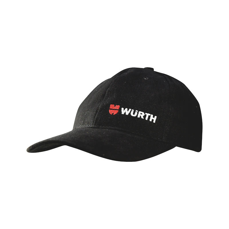 A Wurth Baseball Cap Hat 100% Cotton - Black featuring the Würth logo, which consists of a red shield with a white "W" and the word "WÜRTH" in white text.