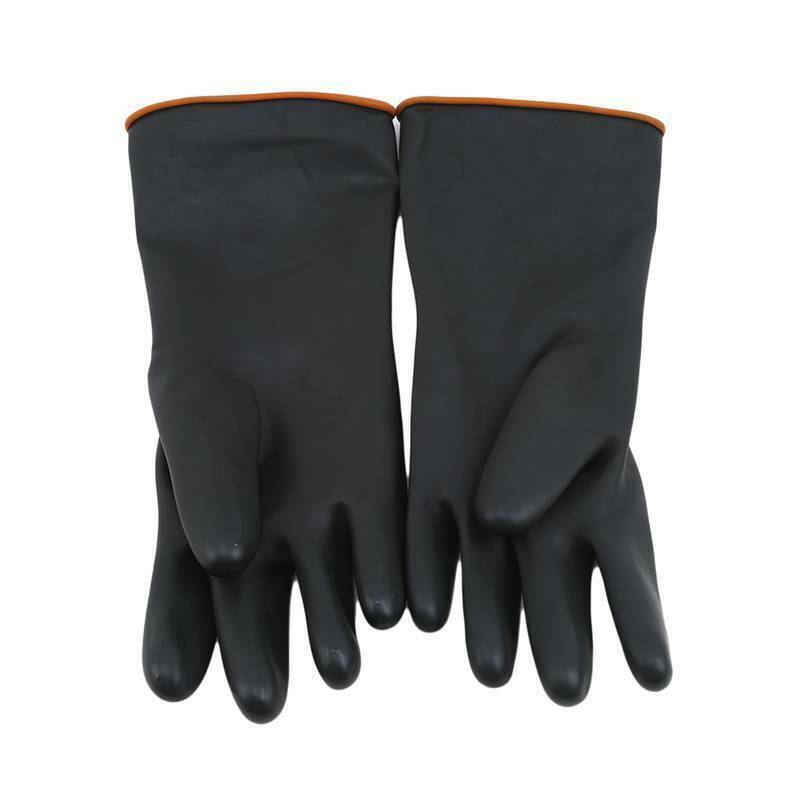 A pair of Latex Gloves Rubber PPE Industrial Anti Chemical Acid Heavy Duty with orange trim at the cuffs, suitable for handling acids and chemicals. The gloves have a smooth texture and are shown laid flat on a white background.