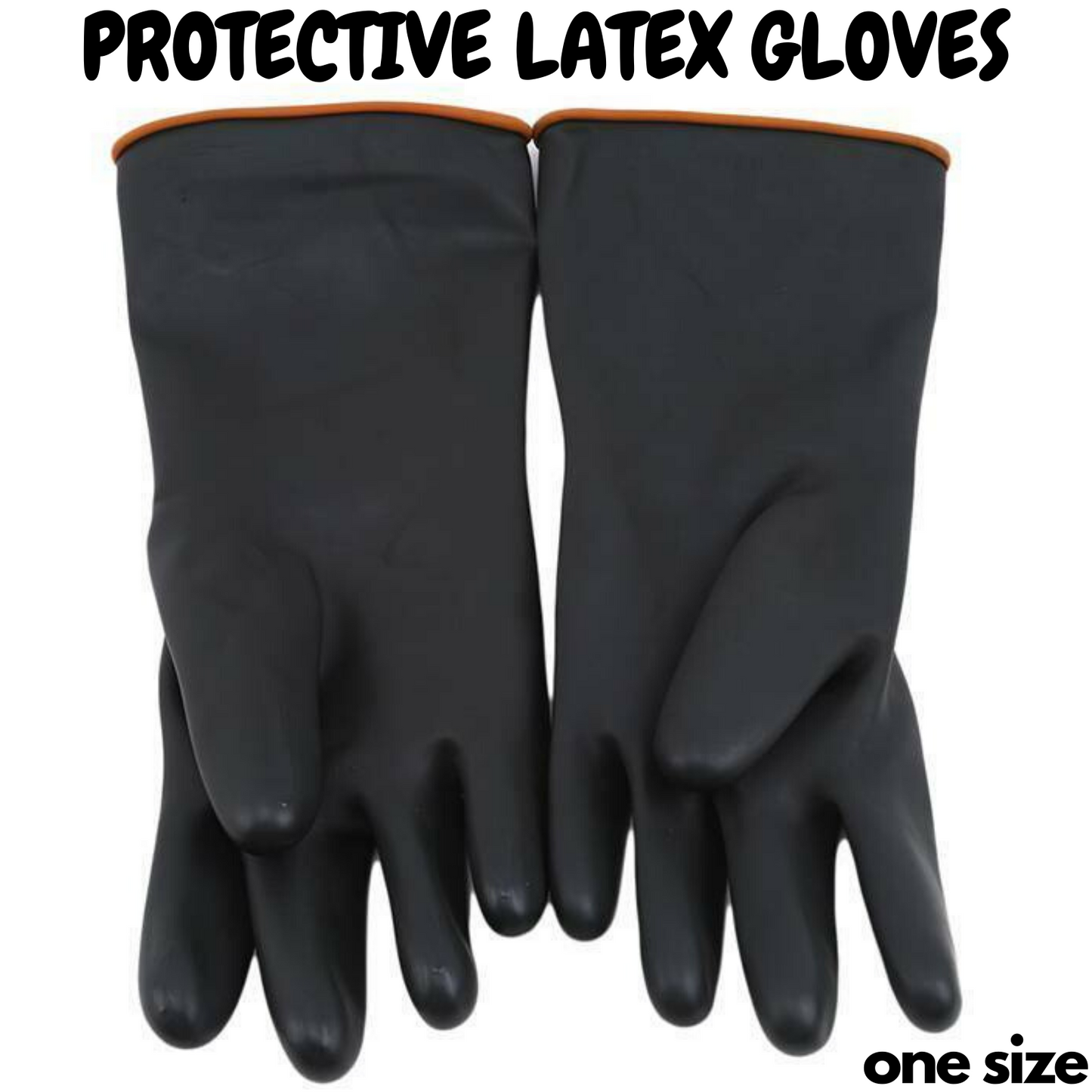 A pair of Latex Gloves Rubber PPE Industrial Anti Chemical Acid Heavy Duty with orange trim at the cuffs, suitable for handling acids and chemicals. The gloves have a smooth texture and are shown laid flat on a white background.