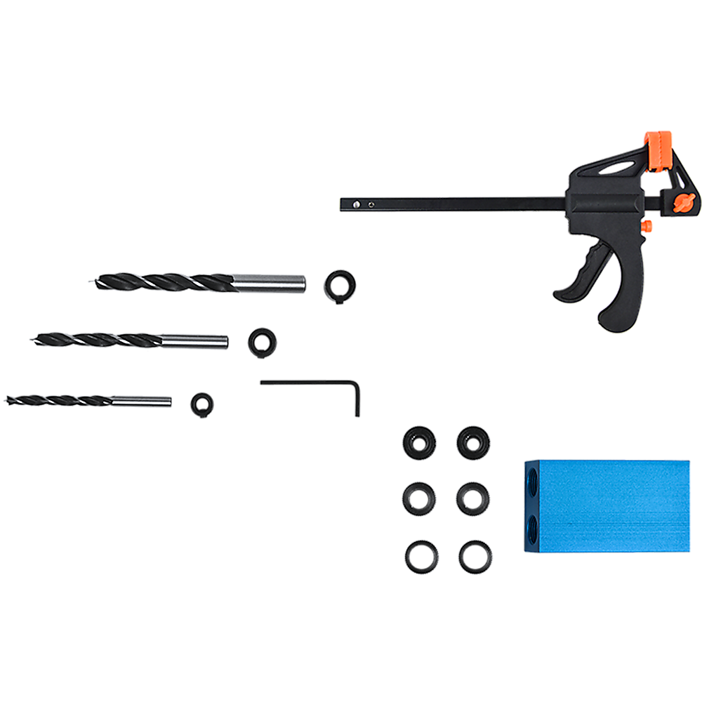 A 14X Pocket Hole Jig Kit Woodworking Drill Hole Locator Craft Carpenters + F Clip featuring a blue jig block, three drill bits of different sizes, a clamp, several black drill stoppers, an Allen wrench, and a drill hole locator for precise oblique angle drilling—all arranged on a white background.