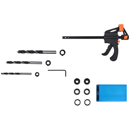 A 14X Pocket Hole Jig Kit Woodworking Drill Hole Locator Craft Carpenters + F Clip featuring a blue jig block, three drill bits of different sizes, a clamp, several black drill stoppers, an Allen wrench, and a drill hole locator for precise oblique angle drilling—all arranged on a white background.