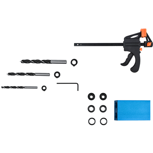 A 14X Pocket Hole Jig Kit Woodworking Drill Hole Locator Craft Carpenters + F Clip featuring a blue jig block, three drill bits of different sizes, a clamp, several black drill stoppers, an Allen wrench, and a drill hole locator for precise oblique angle drilling—all arranged on a white background.