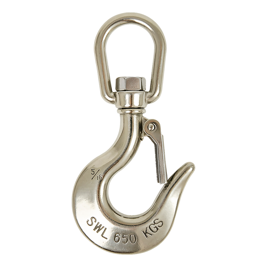 A durable, shiny metal lifting hook made from 304 stainless steel features a swivel and safety latch. Inscribed with "SWL 650 KGS" to denote its safe working load and marked with the size "5/16," this hard-wearing 304 Stainless Steel Swivel Lift Clevis Chain Crane Hook with Safety Lock 650kg is built for reliability.