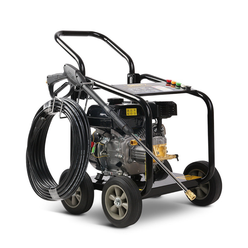 A black, wheeled Giantz 4800PSI Petrol High Pressure Cleaner Washer 10HP 20M Hose Gurney with a sturdy metal frame, hose reel, and control panel on top. Powered by a robust 4-stroke petrol engine, the machine includes a spray gun with a long nozzle attached. The hose is coiled and hangs on the handle. Large wheels provide portability for this 4800psi powerhouse.