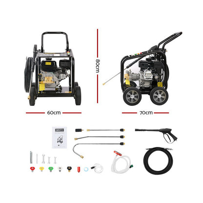 A black, wheeled Giantz 4800PSI Petrol High Pressure Cleaner Washer 10HP 20M Hose Gurney with a sturdy metal frame, hose reel, and control panel on top. Powered by a robust 4-stroke petrol engine, the machine includes a spray gun with a long nozzle attached. The hose is coiled and hangs on the handle. Large wheels provide portability for this 4800psi powerhouse.