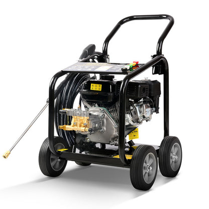 A black, wheeled Giantz 4800PSI Petrol High Pressure Cleaner Washer 10HP 20M Hose Gurney with a sturdy metal frame, hose reel, and control panel on top. Powered by a robust 4-stroke petrol engine, the machine includes a spray gun with a long nozzle attached. The hose is coiled and hangs on the handle. Large wheels provide portability for this 4800psi powerhouse.