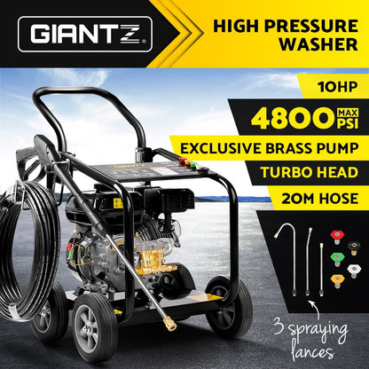 A black, wheeled Giantz 4800PSI Petrol High Pressure Cleaner Washer 10HP 20M Hose Gurney with a sturdy metal frame, hose reel, and control panel on top. Powered by a robust 4-stroke petrol engine, the machine includes a spray gun with a long nozzle attached. The hose is coiled and hangs on the handle. Large wheels provide portability for this 4800psi powerhouse.