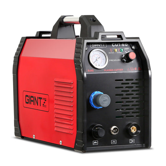 A red and black Giantz 60 Amp Inverter Welder Cutter Gas DC iGBT Welding Machine Portable. The front panel features an air pressure gauge, adjustment knob, adjustable output current, and several other control elements and ports. The device has a handle on top for portability. Perfect for plasma welding tasks.
