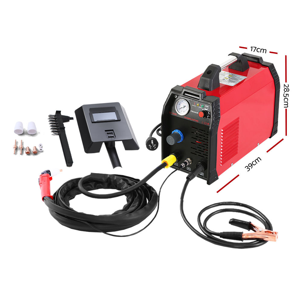 A red and black Giantz 60 Amp Inverter Welder Cutter Gas DC iGBT Welding Machine Portable. The front panel features an air pressure gauge, adjustment knob, adjustable output current, and several other control elements and ports. The device has a handle on top for portability. Perfect for plasma welding tasks.
