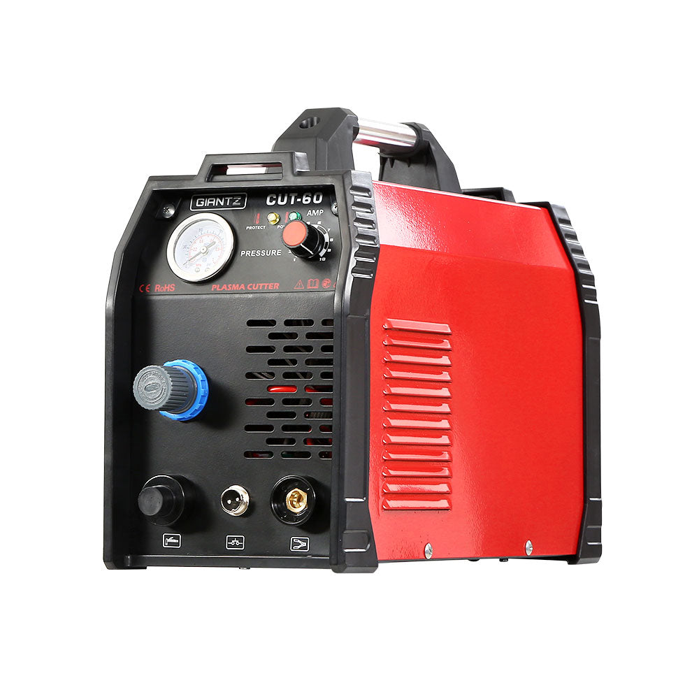 A red and black Giantz 60 Amp Inverter Welder Cutter Gas DC iGBT Welding Machine Portable. The front panel features an air pressure gauge, adjustment knob, adjustable output current, and several other control elements and ports. The device has a handle on top for portability. Perfect for plasma welding tasks.
