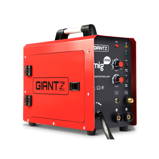 A red and black Giantz 220 Amp Inverter Welder MMA MIG DC Gas Gasless Welding Machine Portable with a handle on top features IGBT DC inverter technology. The front panel has multiple dials, switches, and ports for controls and connections. Suitable for MIG/MAG/TIG/MMA welding, the brand name "GIANTZ" is prominently displayed on the side and front of the machine.