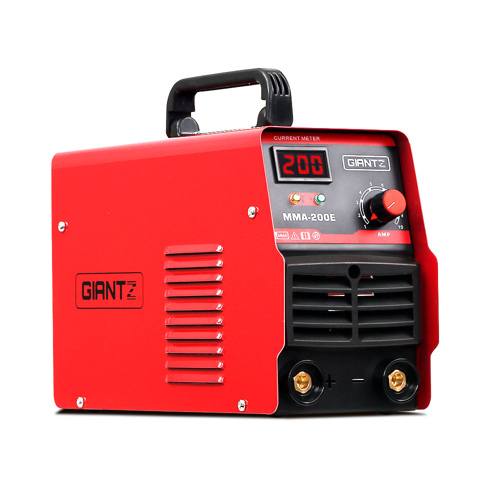 The portable Giantz 200 Amp Inverter Welder MMA ARC DC IGBT Welding Machine Stick Portable, featuring IGBT DC inverter technology, boasts a digital display showing "200". It comes with a top handle for easy transport, a control knob for adjustable output current, and various indicators on the front panel. The brand "GIANTZ" is prominently displayed on the front.