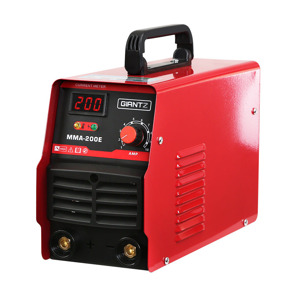 The portable Giantz 200 Amp Inverter Welder MMA ARC DC IGBT Welding Machine Stick Portable, featuring IGBT DC inverter technology, boasts a digital display showing "200". It comes with a top handle for easy transport, a control knob for adjustable output current, and various indicators on the front panel. The brand "GIANTZ" is prominently displayed on the front.