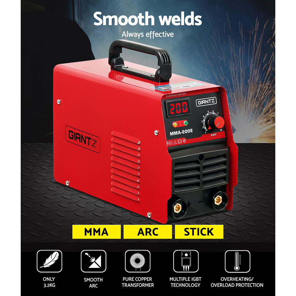 The portable Giantz 200 Amp Inverter Welder MMA ARC DC IGBT Welding Machine Stick Portable, featuring IGBT DC inverter technology, boasts a digital display showing "200". It comes with a top handle for easy transport, a control knob for adjustable output current, and various indicators on the front panel. The brand "GIANTZ" is prominently displayed on the front.