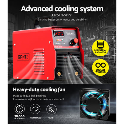 The portable Giantz 200 Amp Inverter Welder MMA ARC DC IGBT Welding Machine Stick Portable, featuring IGBT DC inverter technology, boasts a digital display showing "200". It comes with a top handle for easy transport, a control knob for adjustable output current, and various indicators on the front panel. The brand "GIANTZ" is prominently displayed on the front.